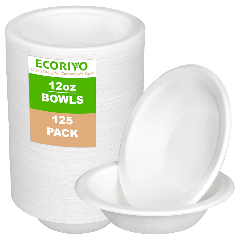 12 Oz Paper Bowls Sugarcane Disposable Bowls - 125 Pack