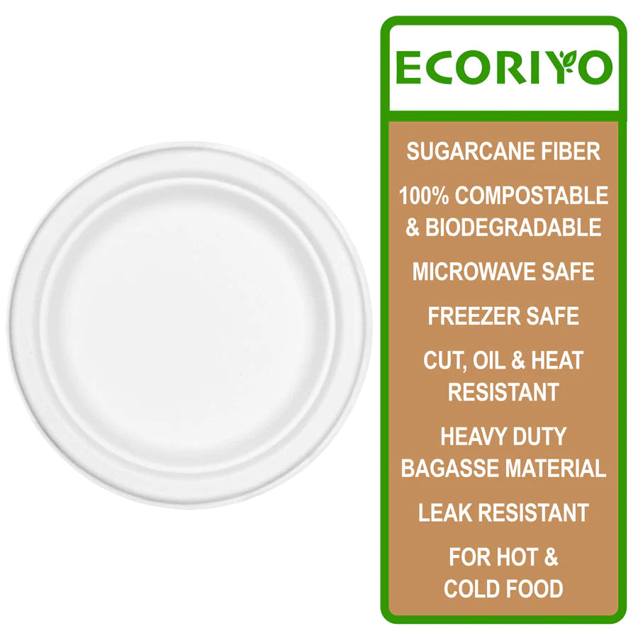 7-Inch Round Disposable Plates Bagasse Sugarcane Plates- 50 PACK