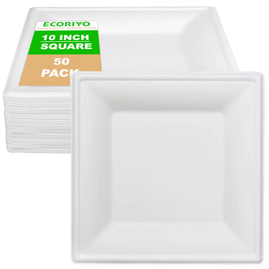 8-Inch Square Paper Bagasse Sugarcane Plates - 50-Pack