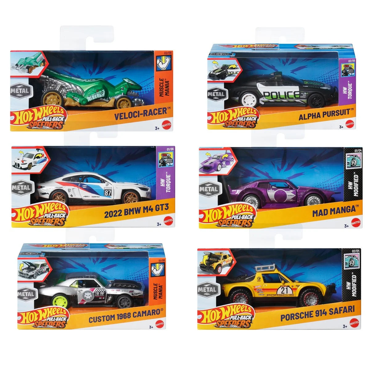 Hot Wheels Pull-Back Speeders 2025 Mix 1 Display Case of 6